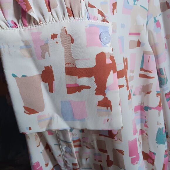 2XL Vintage 80s Abstract Print Blouse With Down Slinky Polyester Pleated Back De - Picture 3 of 7